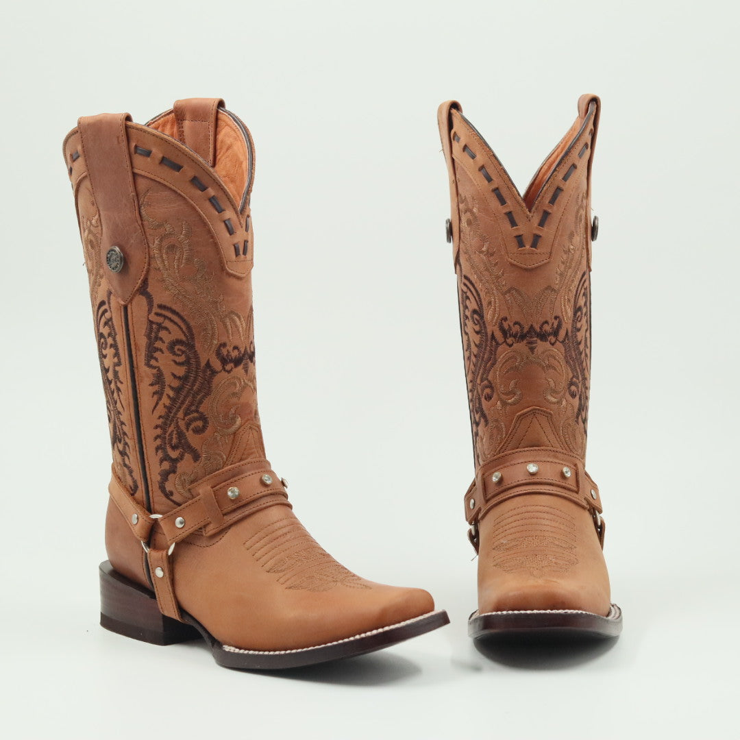BOTA VAQUERA PARA DAMA DE PIEL MODELO COPETE MIEL