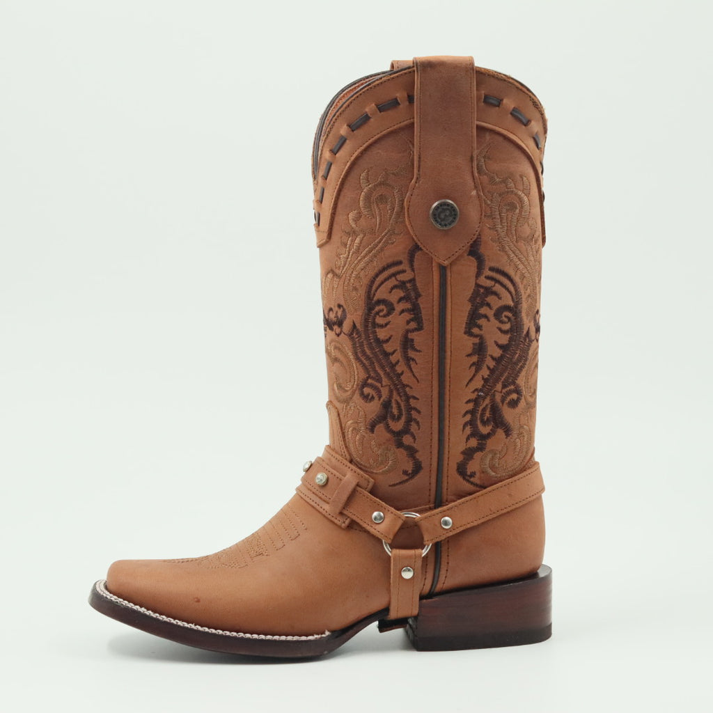 BOTA VAQUERA PARA DAMA DE PIEL MODELO COPETE MIEL