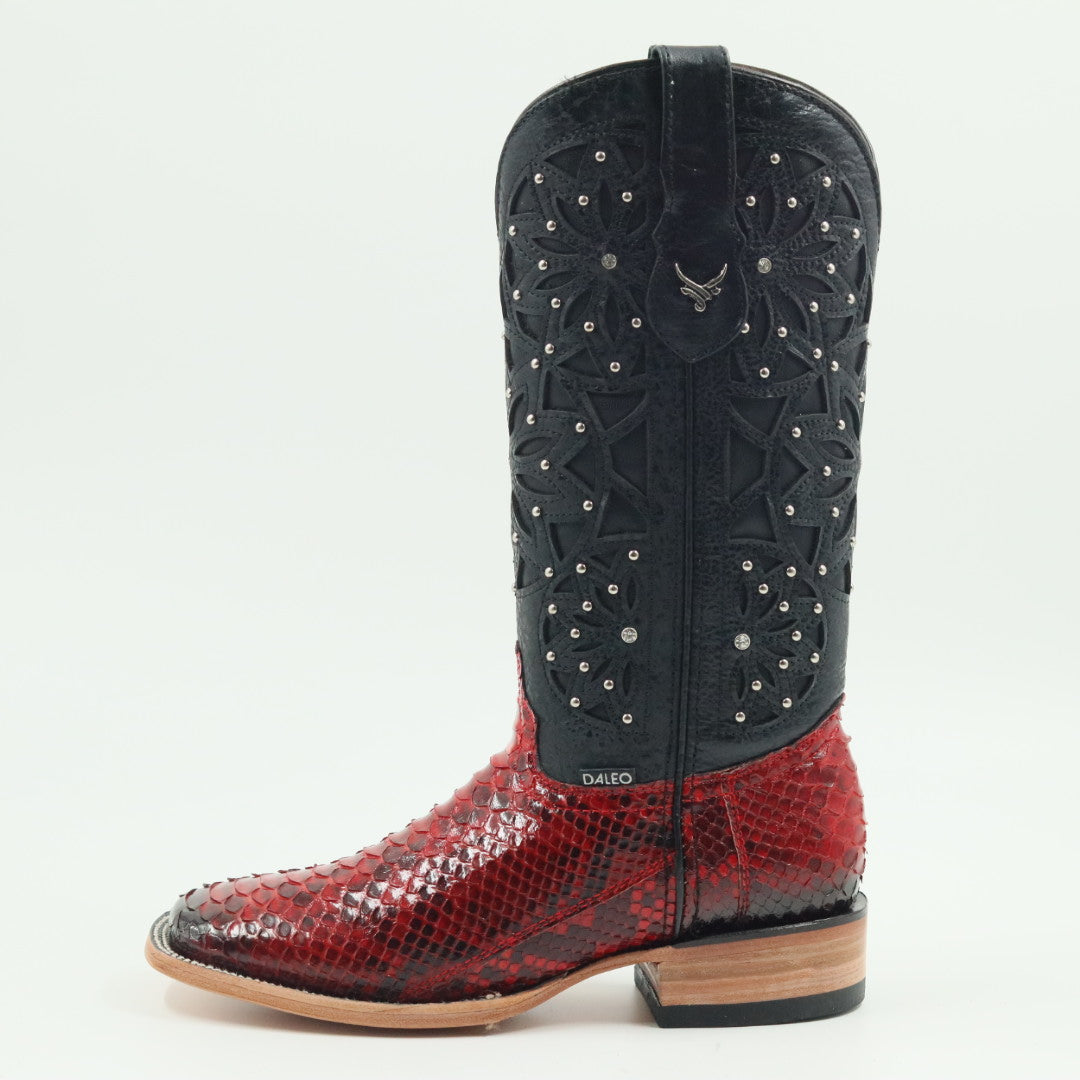 BOTA VAQUERA PARA DAMA DE PIEL PYTHON BLACK CHERRY MODELO RAQUEL